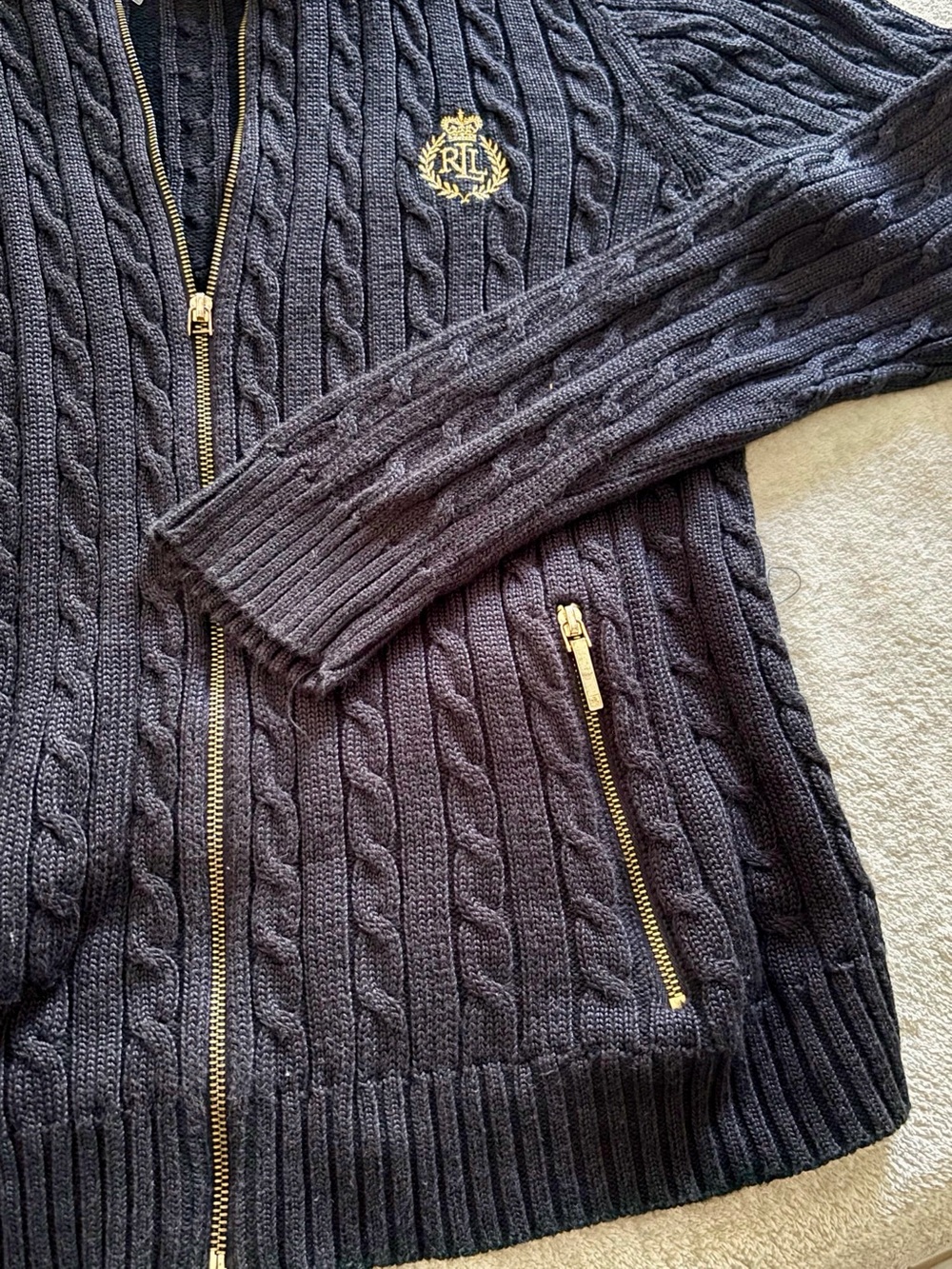 Lauren Ralph Lauren Black Cable Knit Full Zip Sweater Womens S Gold Crest Logo - Picture 8 of 8